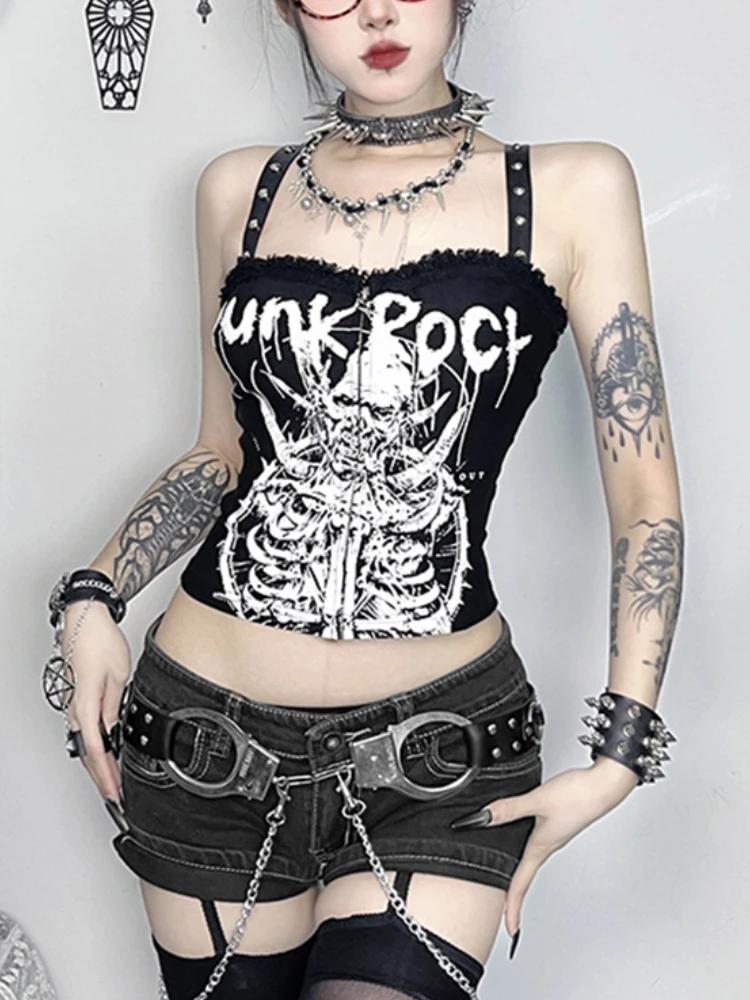 

AltGoth Y2k Cyber Punk Camisole Женская темная готическая уличная одежда Harajuku Grunge Printed Rivets Кружева пэчворк молния Crop Ank Tops S чёрный