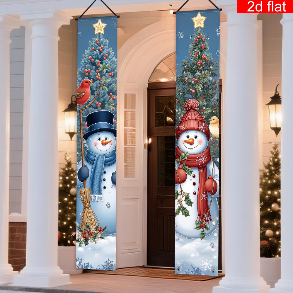 Merry Christmas Door Banner Couple Snowman Snowy Tree Scenes 1 Pair Indoor Outdoor Decor