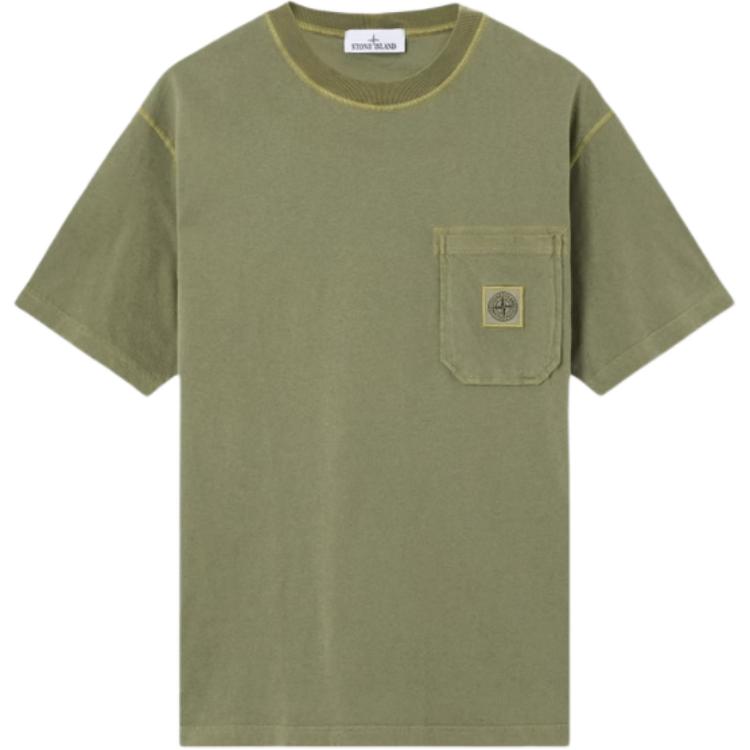 Stone Island Весна/Лето 26 Fissato Окрашенная в готовом виде Карман с логотипом Футболка с коротким рукавом Мужская Футболка Стирка-Зеленый L1S152100032S0057-V015G M