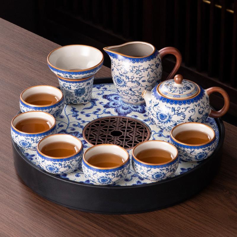 Neues Ru-Brennofen Kung Fu Tee-Set Teetisch Ein komplettes Set für Zuhause/Büro Keramik Teekanne Teetasse Tee Tablett Set