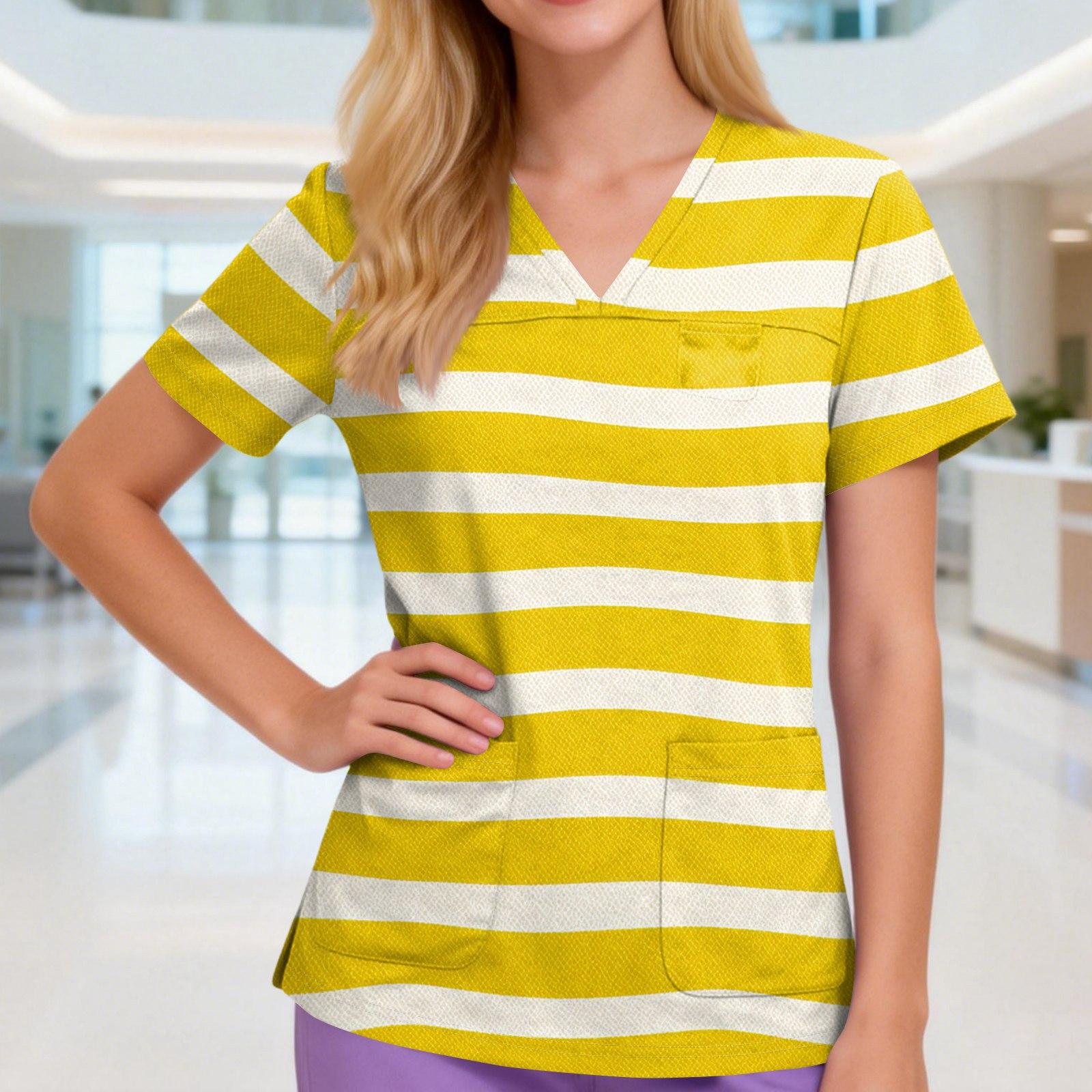 

Women s V-neck Three-pocket Short-sleeved Striped Printed Uniform/caregiver Top With Slits At The Hem L зелёный
