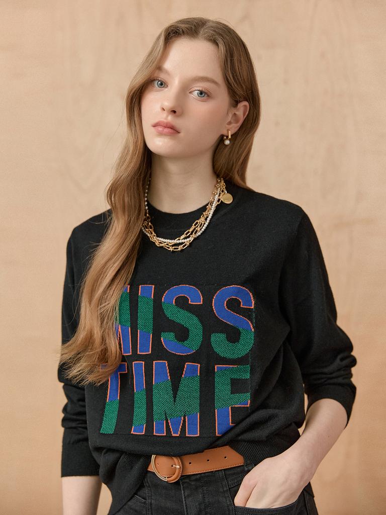 MAXZA Vivid Lettering Wool Blend Round Neck Knit