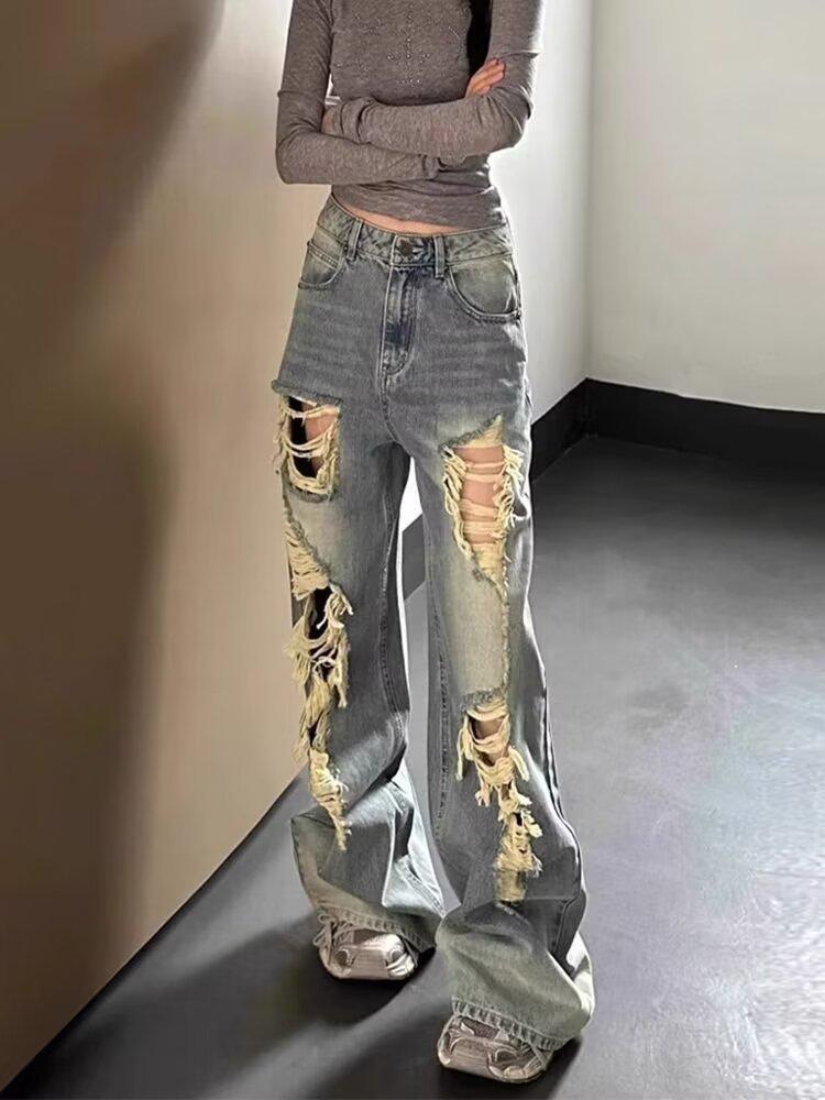 

Ретро джинсы с завышенной талией и рваностями для миниатюрных женщин: Поношенный, Свободный, Широкие штанины Extra Large синий