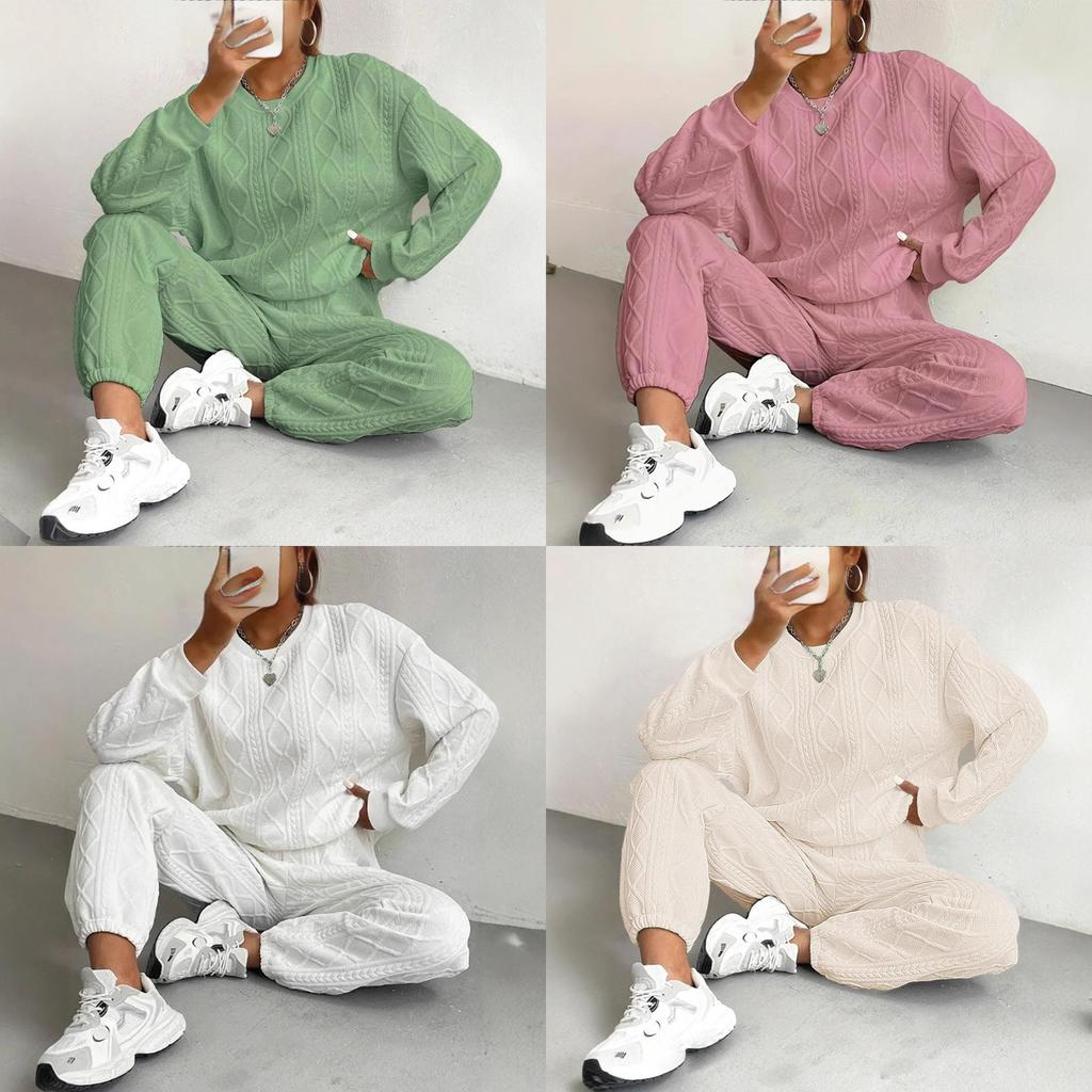 Autumn Winter Trendy Geometric Pattern Knit Pantsuit For Women Casual Lounge Wear