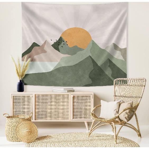 SUOTEMEIFEI Sage Green Mountain Sun Boho Tapestry,Simple Art Sunrise Nature Tapestry Sunset Landscape Abstract Aesthetic Wall Bedroom Living Room