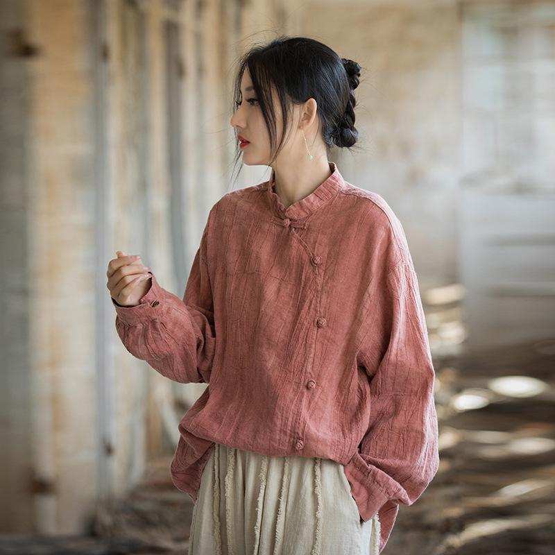 Women's Long-Sleeve Hand-Dyed Ramie Cotton Top with Button Accents - Spring Sun Protection