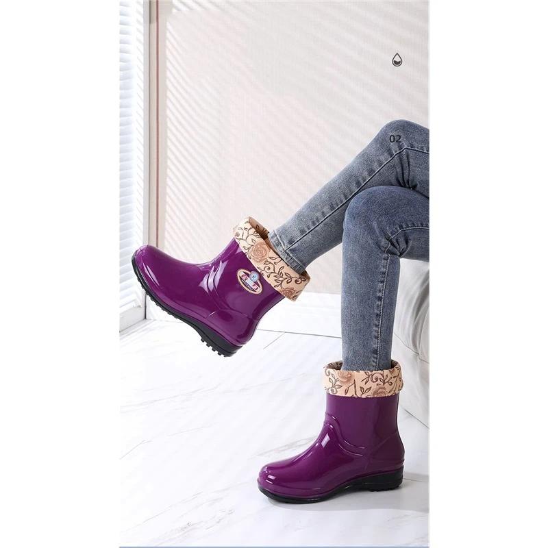 Women's Autumn And Winter Midsole Thick Soled Warm And Velvet Anti Slip Waterproof Shoes Rain Boots Rubber Shoes
