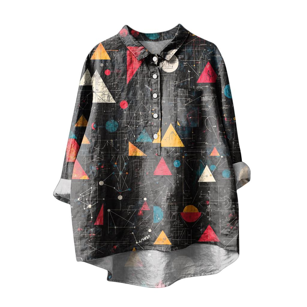 Women's Long Sleeve Shirt Button Vintage Floral Print Casual Hem Irregular Shirt Collar Top
