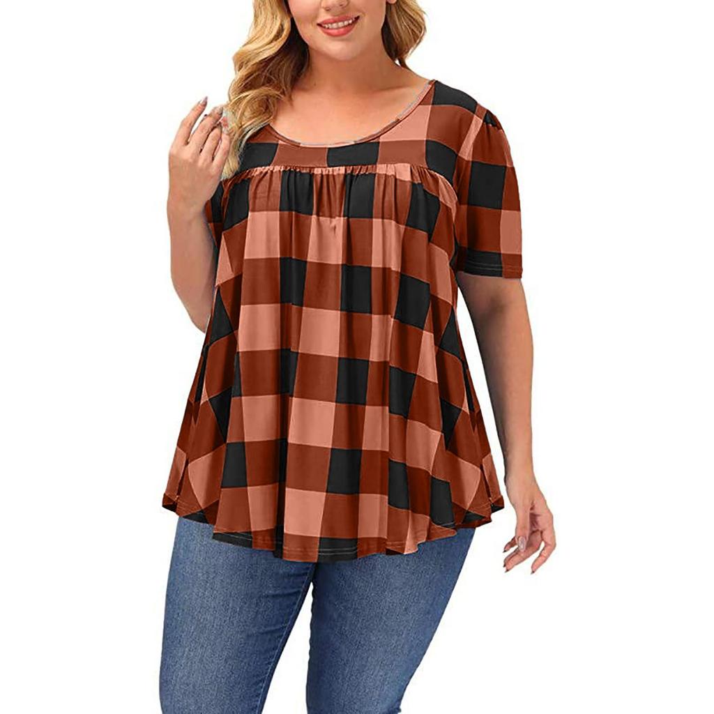 Summer Women's Short Sleeve Blouse Round Neck Loose Plaid Printed Shirt Top