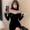 American-style Black Off-shoulder Long-sleeve Dress for Women, New Winter Slimming Inner Layer, Fashionable Pencil Short Skirt