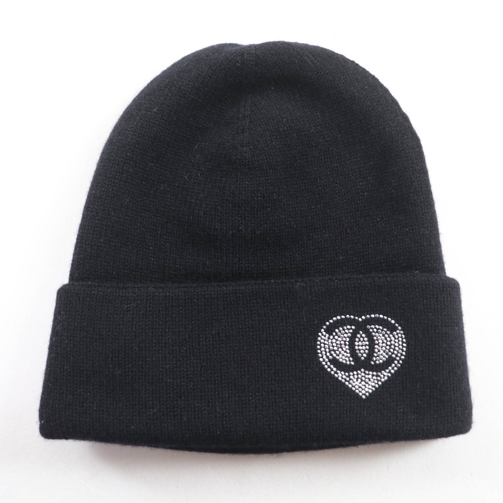

Excellent CHANEL Knit cap COCO Mark with rhinestones black cashmere Women Used