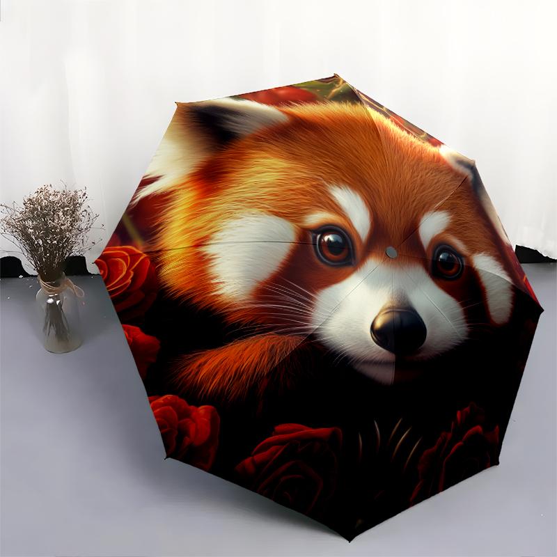 Red Panda and Rose pattern, automatic folding umbrella, portable and foldable design, 8 ribs, a Christmas or birthday gift.