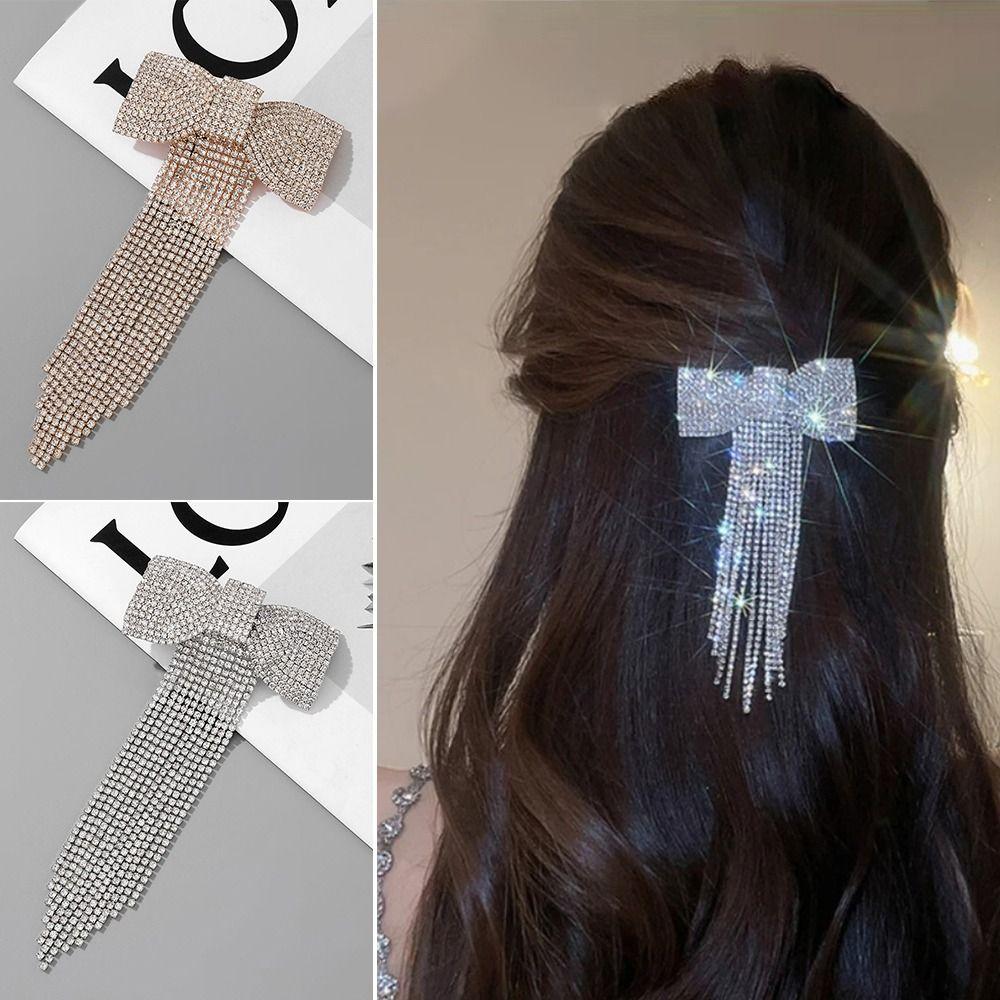 Rhinestone Bow Fringe Hairpin Long Tassel Gold Silver Color Luxury Hair Accessories Temperament Temperament Hair Clip for Women