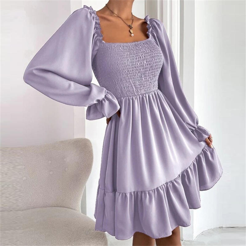 

Мини сексуальные платья Платья Простая юбка Одежда Vestidos Платье с оборками и подолом Женская мода Квадратный воротник S фиолетовый