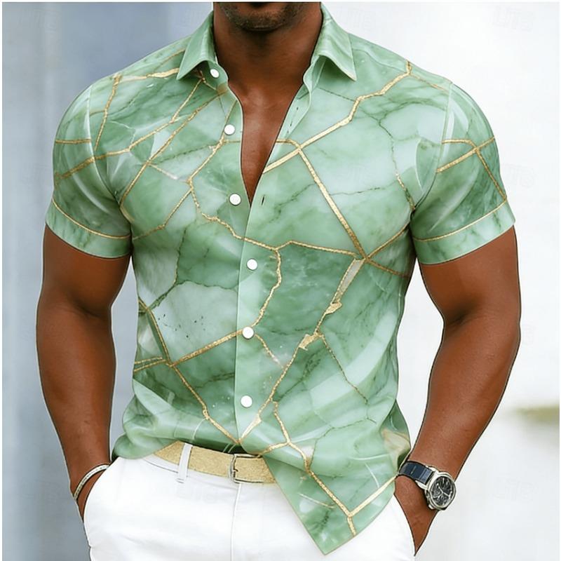 Men's Marble Geometric Line Print Short Sleeve Shirt, Spring Summer Luxury Casual Commute Blouse, Loose Casual Top