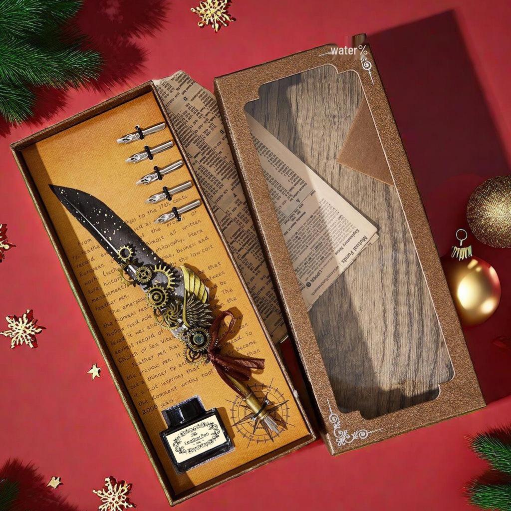 Harry Potter Gold-Sprinkled Fountain Pen Set - Retro Dip Quill Gift