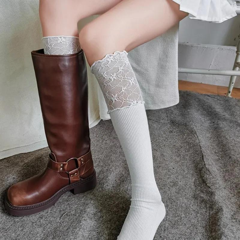 Lolita Stockings Woman Solid Color Lace Cute Lolita Thigh High Thick Warm Stockings Autumn/Winter White Long Leg Socks for Women