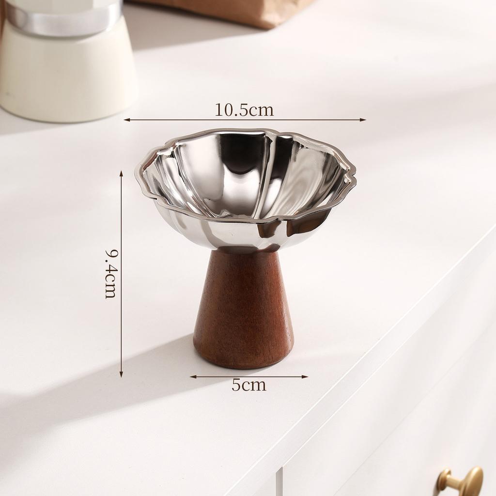 Fruit Bowl Restaurant Cake Ice Cream Desktop Stainless Steel Wooden Foot Dessert Tall Cup Dessert Bowl Decoration Storage Trays
