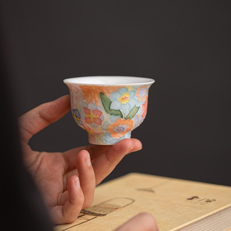 Jingdezhen Hand Painted Underglaze Color Thousand-Flower Pattern Tea Cup Stacked Glaze FineChinaCeramicGongfuTea WarePersonalUse