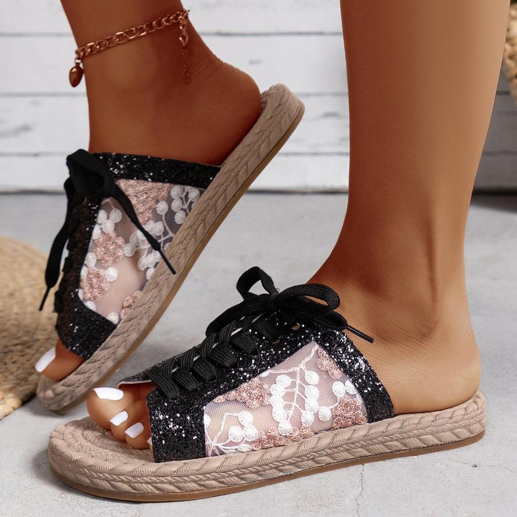 Pantofole piatte aperte con punta aperta e ricamate in rete con paillettes da donna Sandali da spiaggia estivi versatili con lacci