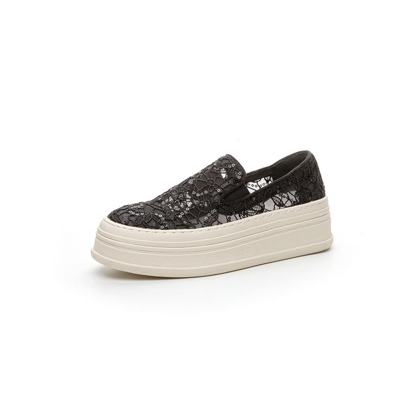 Women's Summer New Mesh Shoes Thick-soled Breathable and Heightened Mesh Yarn One-pedal Lace Sequined White Shoes