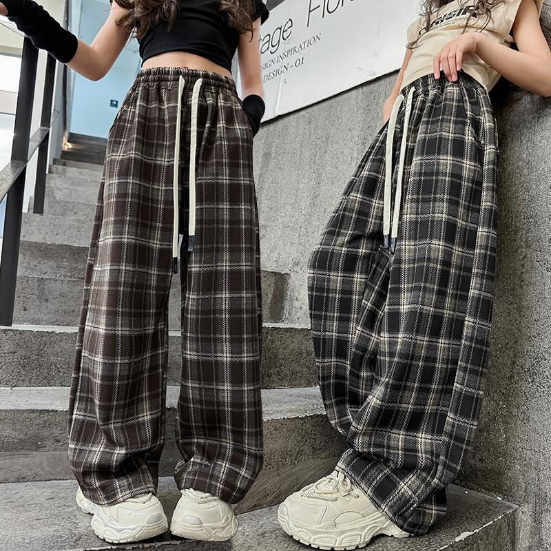 Kids Spring Autumn Plaid Pants for Teenage Girls Causal Loose Straight Drawstring Trousers Child Sweatpants