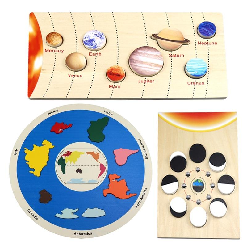 Wooden Planet Puzzles Parish Learning Montessori Toys Kids Moon Phase Change Cognitive World Map Matching Game for 3-6 Years Old