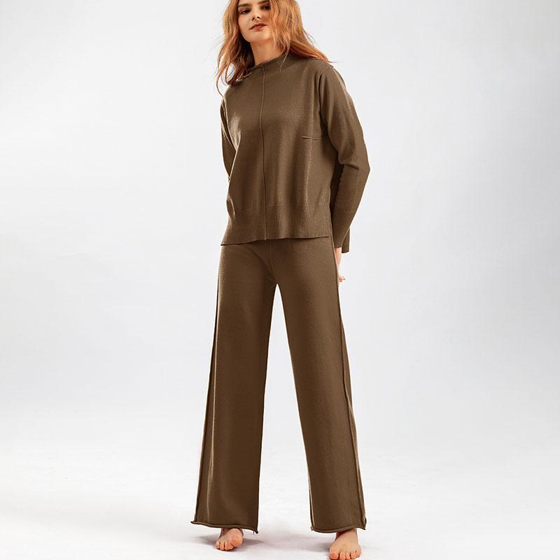Autumn Winter Women's Knitted Pants Suits Round Neck Slit Sweater Loose Casual Knitted Wide-leg Pants Two-piece Knitted Suit Outfits