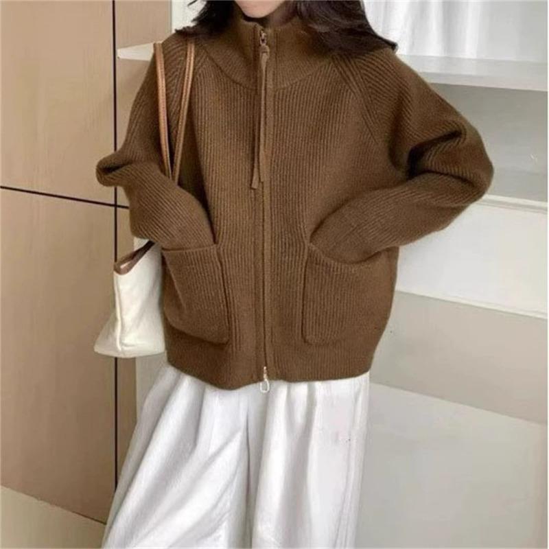 Simple Casual Stand-up Collar Double Zipper Knitted Cardigan Women's Autumn and Winter New Loose Lazy Versatile Sweater Jacket
