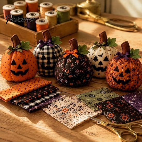 Window Sill Thanksgiving Decorations Fall Quilting Fabric for Patchwork Pumpkins, Square Autumn Precut Quilted Fabric, Vintage Polka Farmhouse
