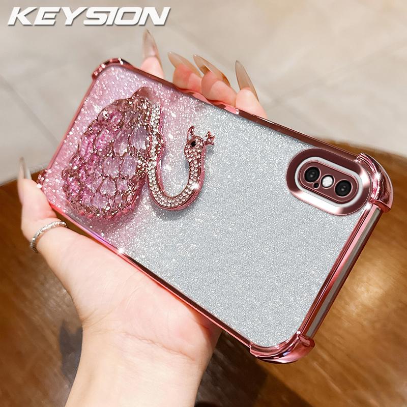 KEYSION Shockproof Plating Phone Case for iPhone XS Max Clear TPU Glitter Jewelled Swan Kickstand Back Cover for iPhone X XR