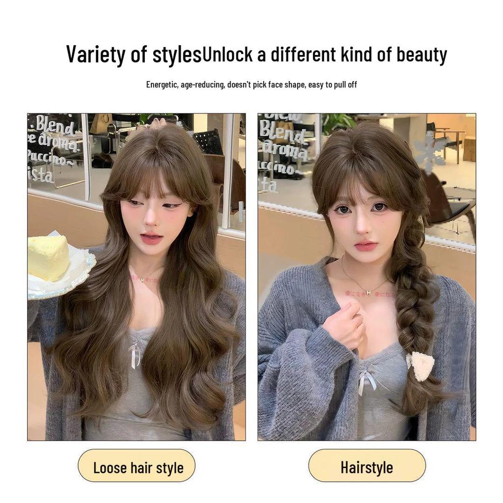 Net Sensation Tea Tea Wig: Brightening Milk Tea Gray-Brown, Korean Style with Big Waves, Elegant Face-Slimming, Realistic Full Head for Women