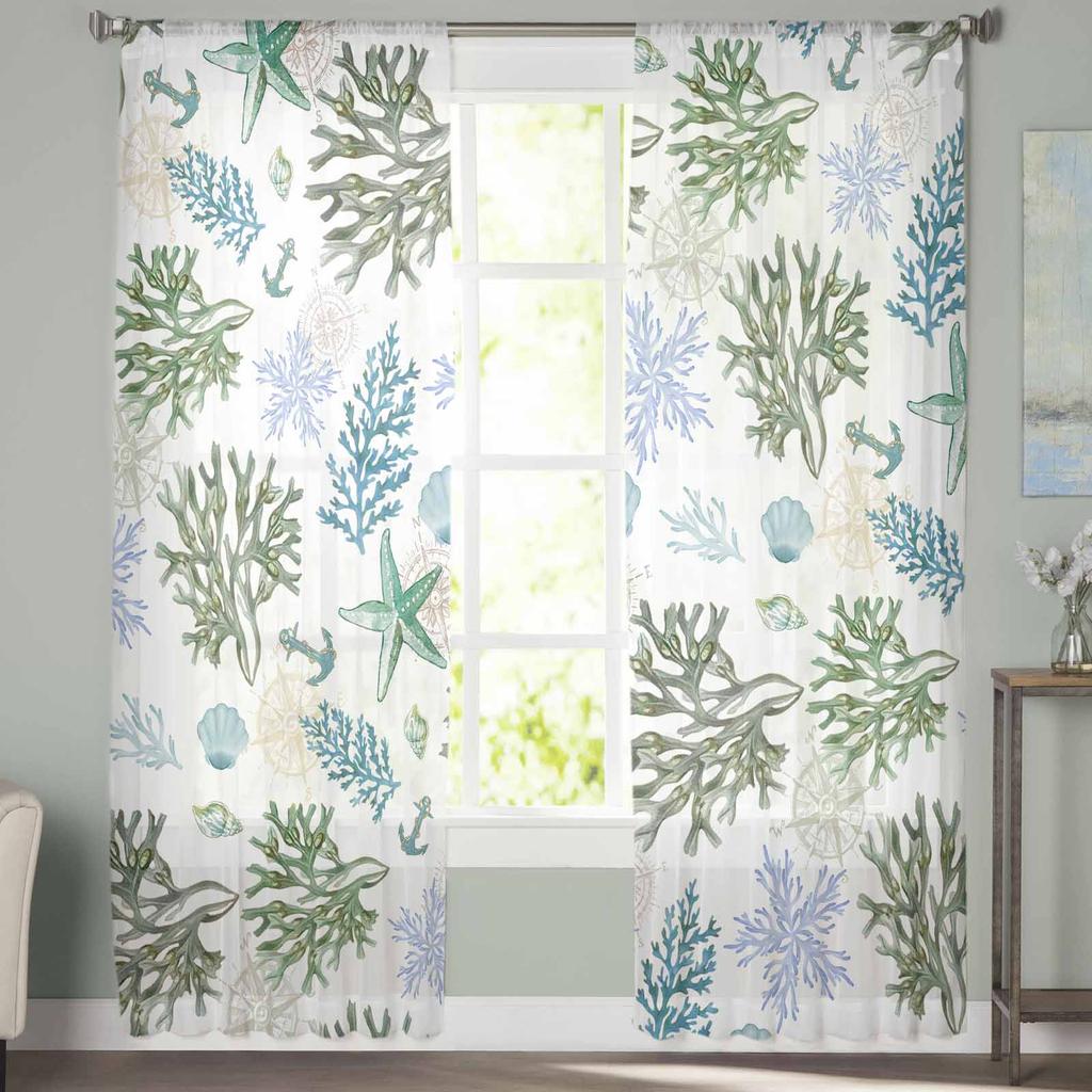 Korallenrote Tüllvorhänge mit Seesternen und Muscheln für das Schlafzimmer, luxuriöse Wohndekor-Vorhänge im Wohnzimmer, Chiffon-Paneele