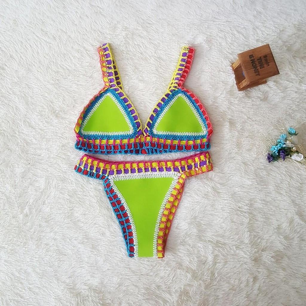 Europäisch-Amerikanisches Häkel-Farbblock-Bikini-Set: Sexy Neopren Strandbademode für Frauen