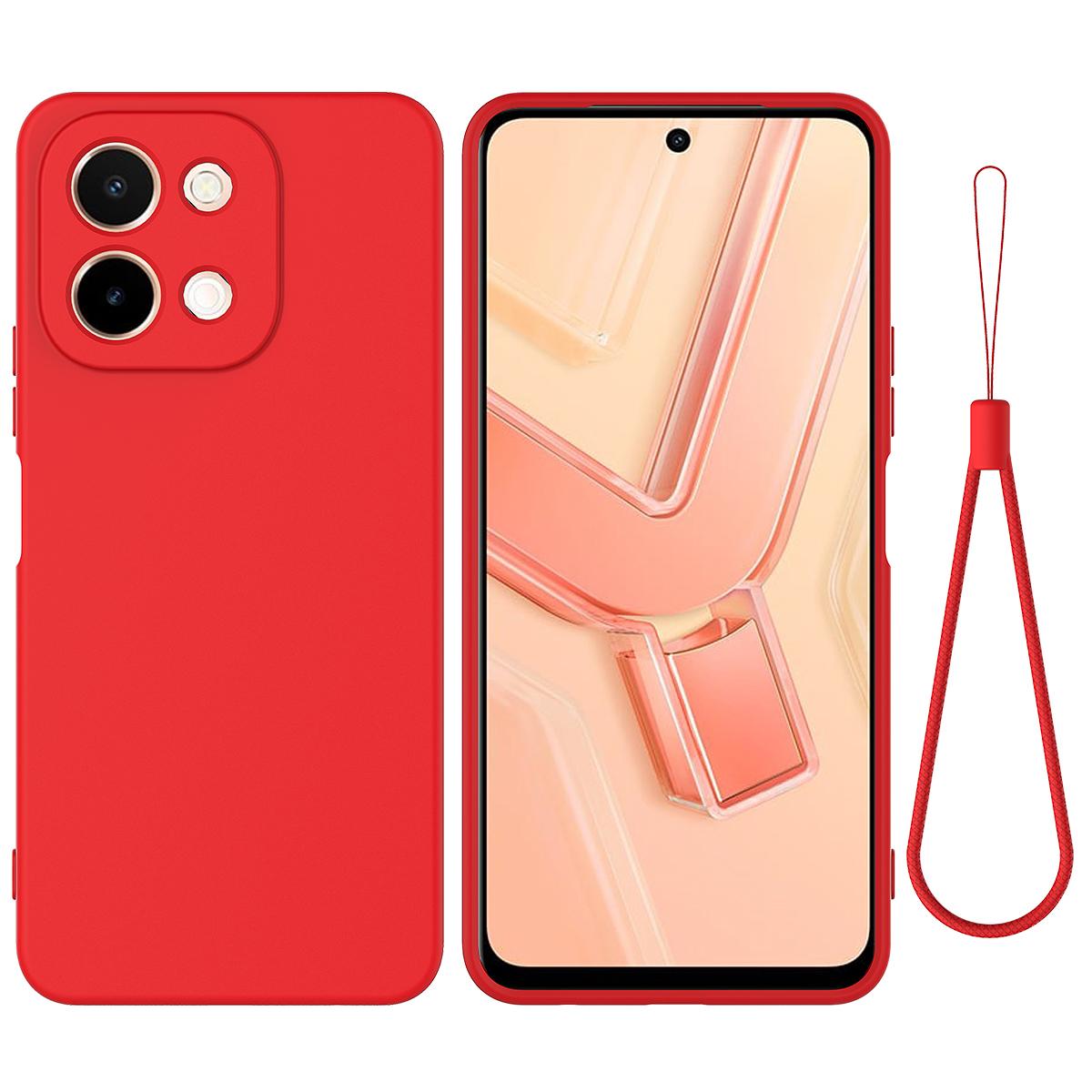 

For vivo Y28 4G Case Liquid Silicone Phone Cover with Hand Strap Red