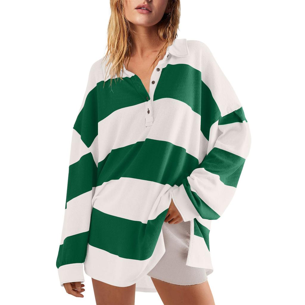 Women's Fashionable Striped Lapel Long Sleeved Sports Casual Pullover Sweatshirt Top