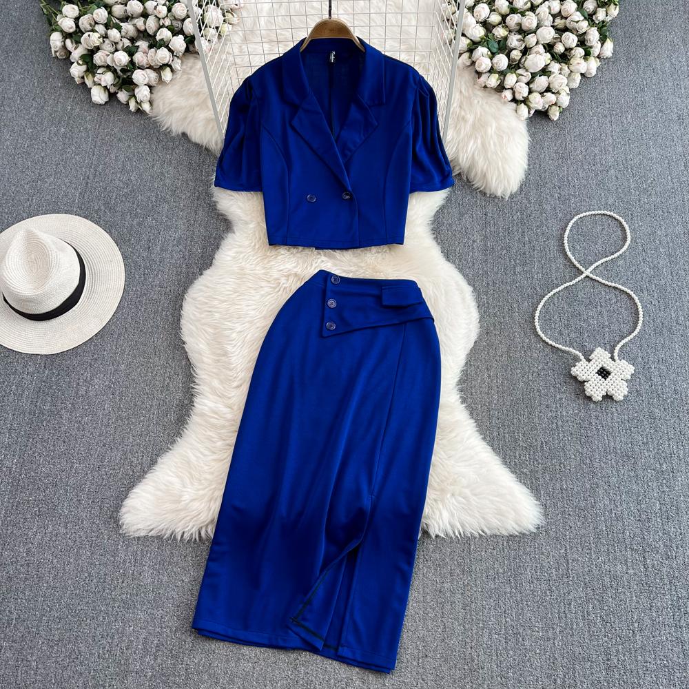 Ladies Suit Retro Lapel Loose Puff Sleeve Short Suit Jacket Two Piece High Waist Slit Skirt