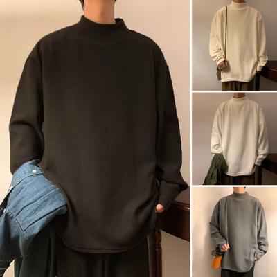 Men Fall Winter Top Half-high Collar Loose Solid Color Thickened Mid Length Pullover Long Sleeves Daily Sport Sweatshirt