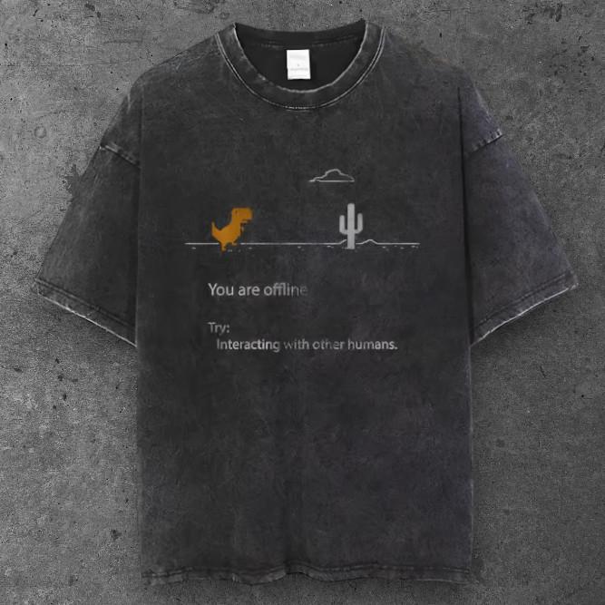 Unisex Pixel Dino Game Oversized T Shirt Washed Black Y2K Streetwear S-3XL S