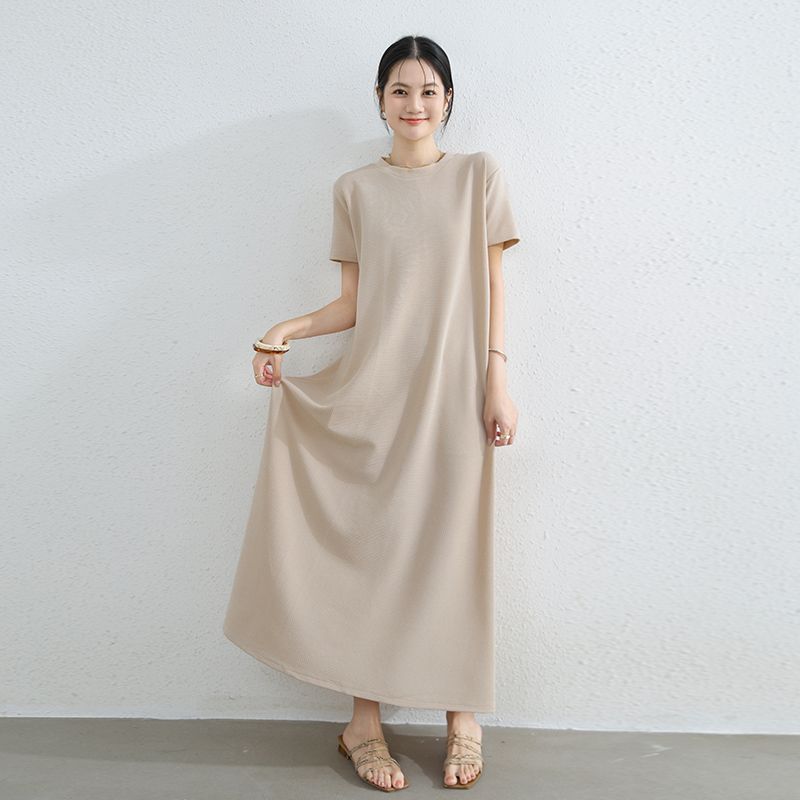 Plus Size Slimming Short Sleeve Dress Round Neck Over the Knee Temperament Long Dress Loose Idle Style Big Hemline Belly Covering Casual Skirts