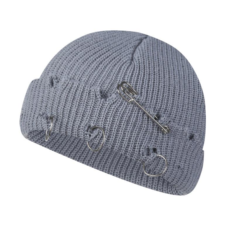 Women Girls Y2k Gothic Beanie Winter Knit Hats Trendy Metal Rings Pin Hip Hop Streetwear Harajuku Skull Cap Emo Scene Grunge