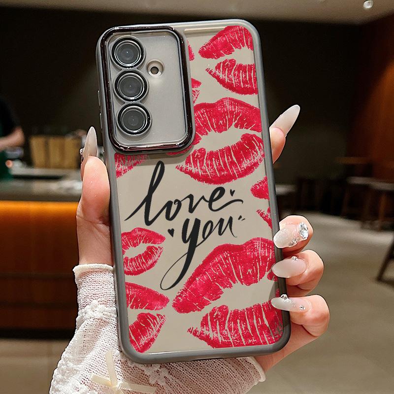 Carcasă de telefon transparentă subțire cu model de buze roșii pentru Samsung S25 Ultra S24 FE S23 Plus A56 A36 A16 A55 A15, folie de protecție pentru lentilă, rezistentă la șocuri, silicon moale, capac