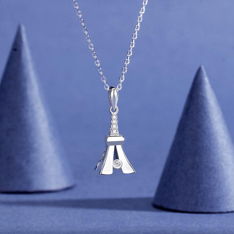 New Style S925 Sterling Silver Eiffel Tower Pendant Necklace for Women - Diamond Inlaid Light Luxury Clavicle Chain. 925 Silver