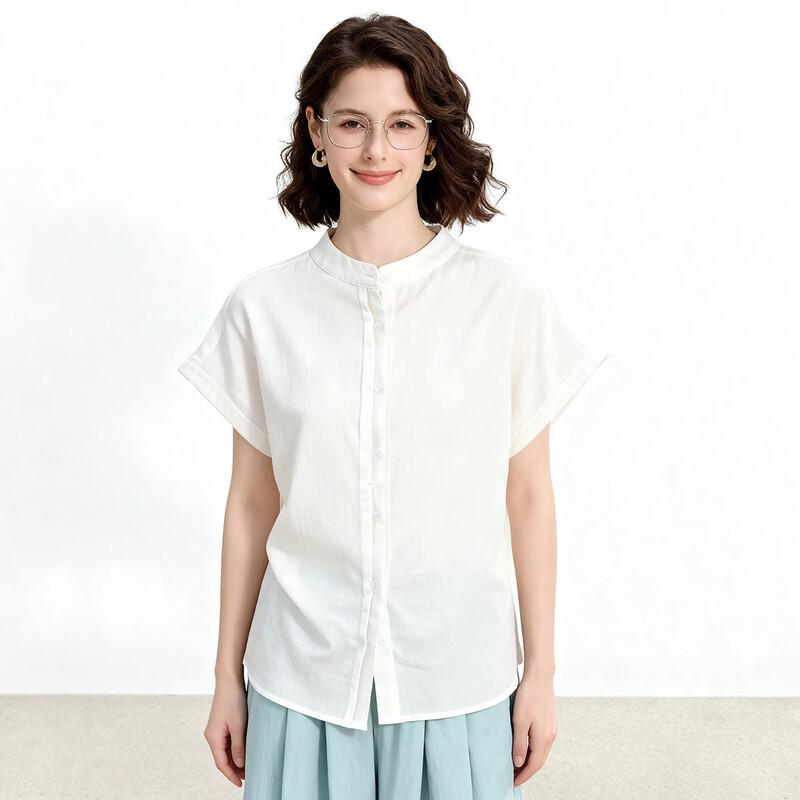 ENC Elegant White Cotton Short-Sleeve Blouse