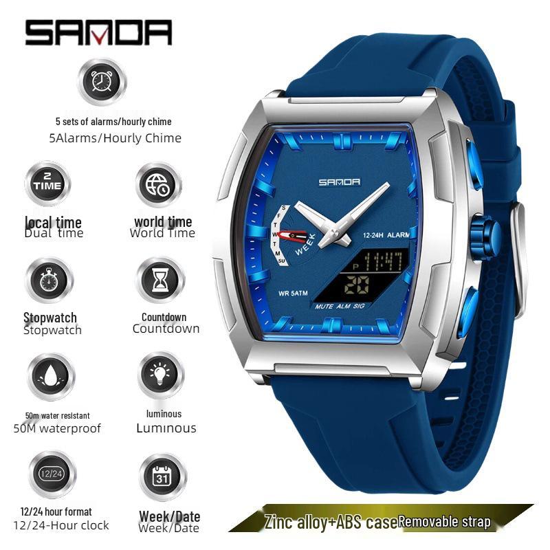 Sanda Multifunction Waterproof Sports Watch with Alarm & Luminous Display синий/серебряный