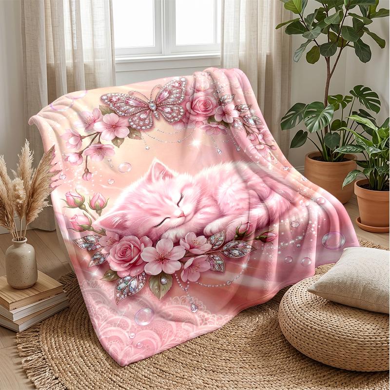 Pink Heart with Kitten and Flowers Theme blanket Lightweight Warm Flannel Blanket Decorative Throw Blanket for Home Decoration