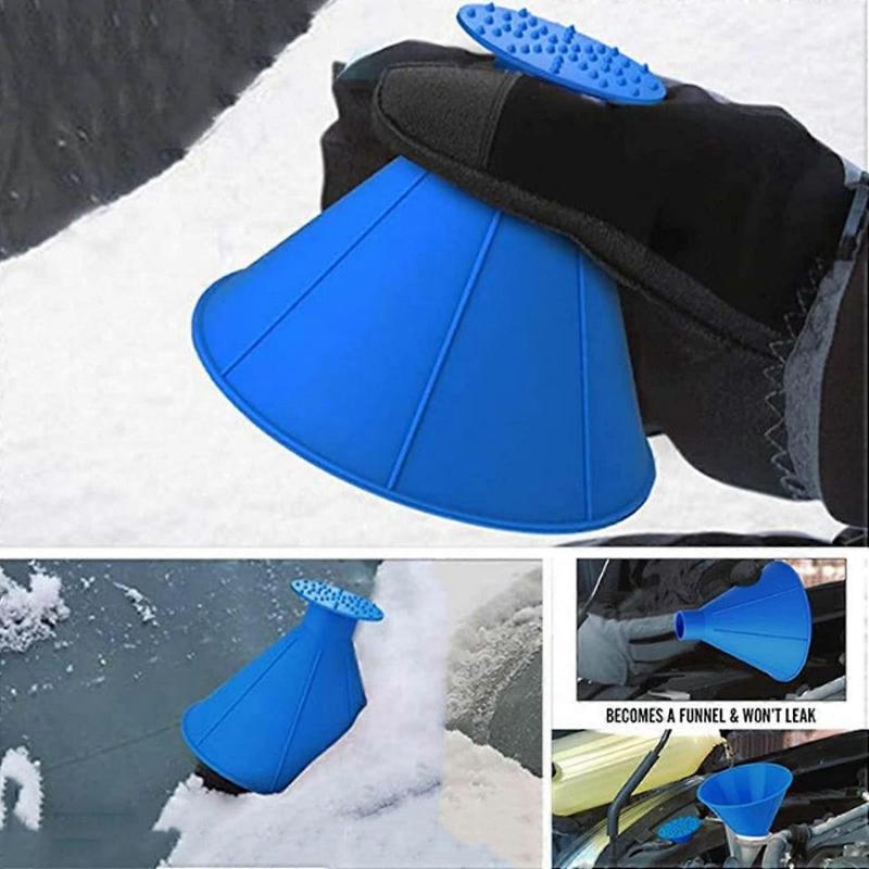 Magic Ice Scraper for Car Windshield, 4pcs Set with Round Scraper, Refueling Funnel, Snow Shovel, Wiper Brush, Quick Ice Removal Tool
