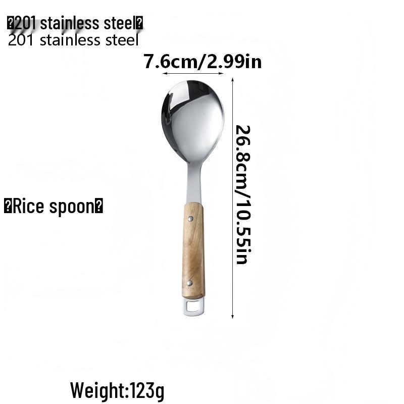 Non-Magnetic Stainless Steel Kitchen Utensil Set: Soup Ladle, Thickened Stir-frying Spatula, and Angled Wooden Handle Spatula.