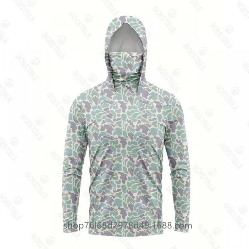 Mens Quick-Dry Ice Silk Long Sleeve UPF 50 Sun Protection Hooded Fishing Shirt With Integrated Face Cover