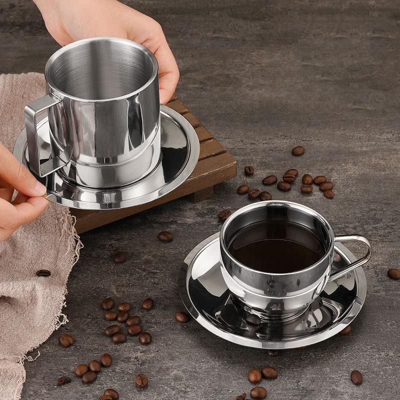 1Set Stainless Steel Coffee Mug With Spoon Saucer Placemat Heat Resistant Milk Cup Tea Mug Cup
